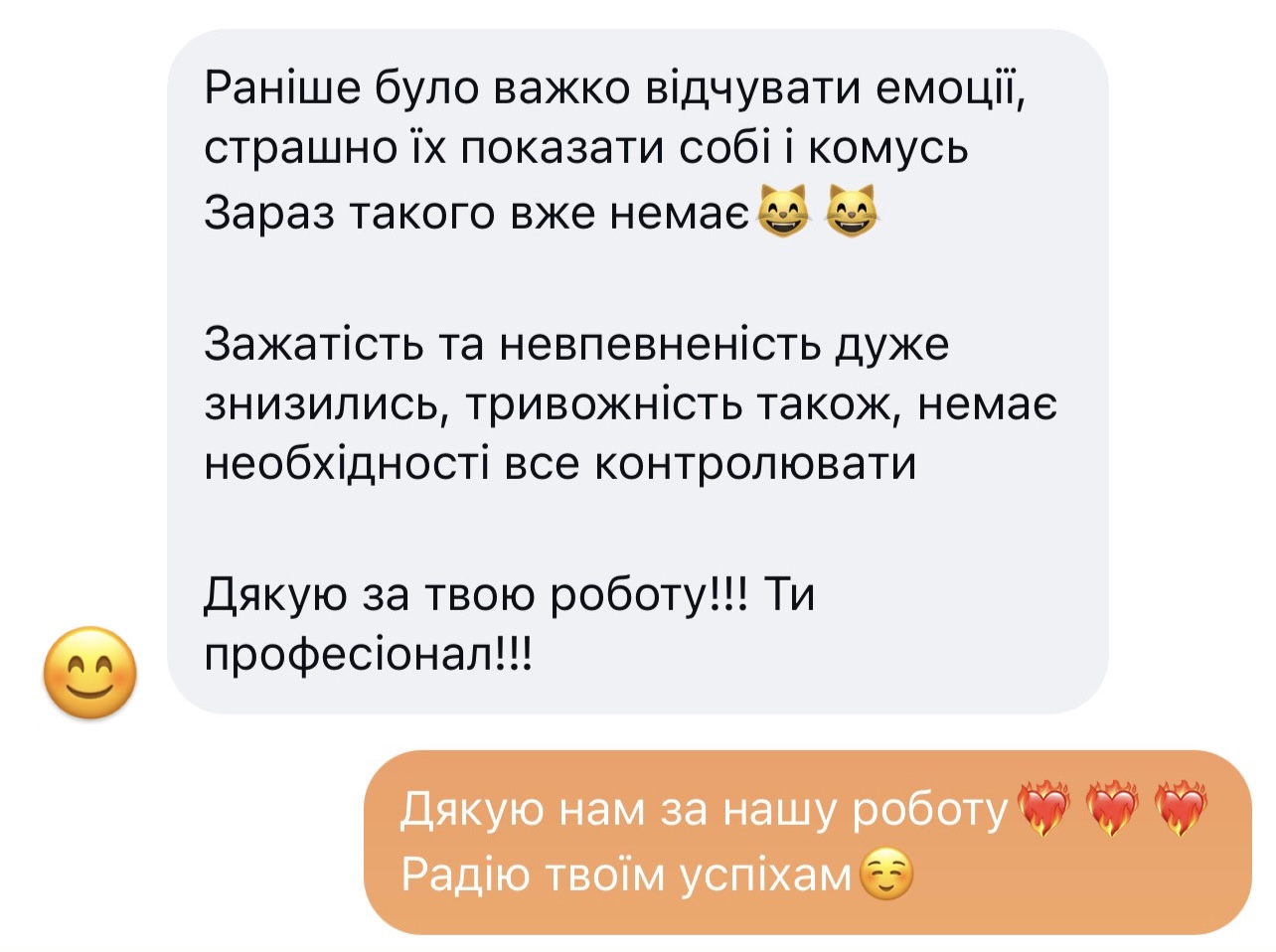 Відгук клієнтки №18 — скриншот листування про результати терапії